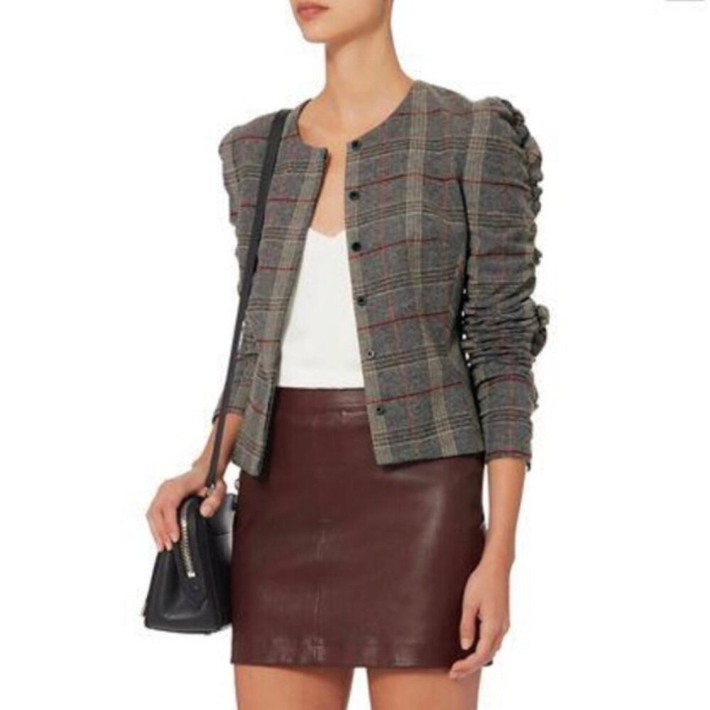 Intermix Kiara Plaid Blazer Jacket S Ruffle Ruched Button Down Puff Sleeves Gray